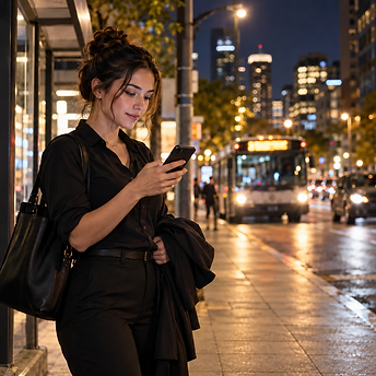 Woman checking her phone at a bus stop after a late work shift