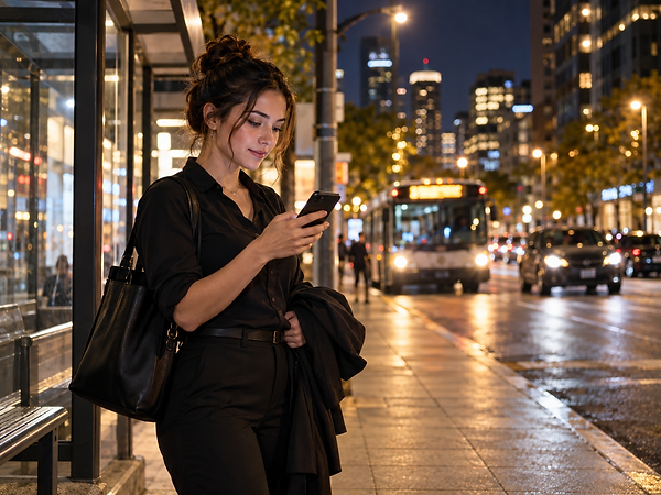 Woman checking her phone at a bus stop after a late work shift