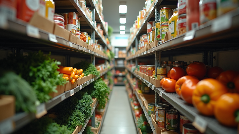 Eye-level view of shelves stocked with fresh vegetables and canned goods in a community food pantry
