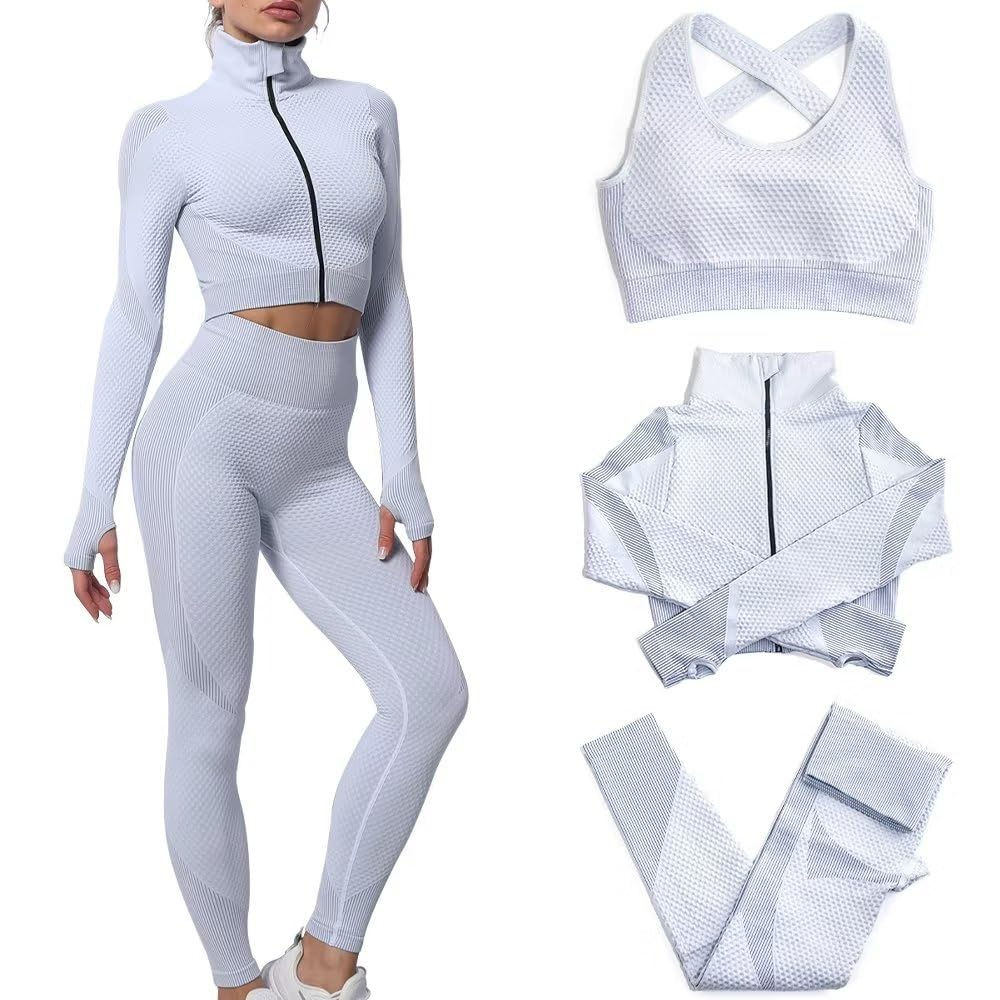 SINBRLAI Womens 3pcs Seamless Workout Outfits Sets Yoga Sportswear Tracksuit Leg
