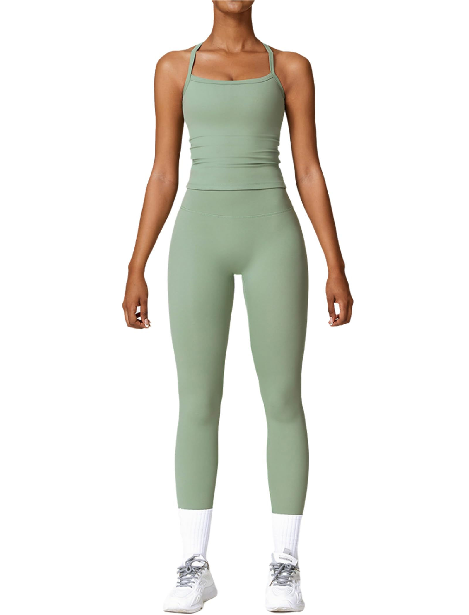 Womens Workout Sets Two Piece Seamless Stretch Cross Back Tank Top Matching Tumm