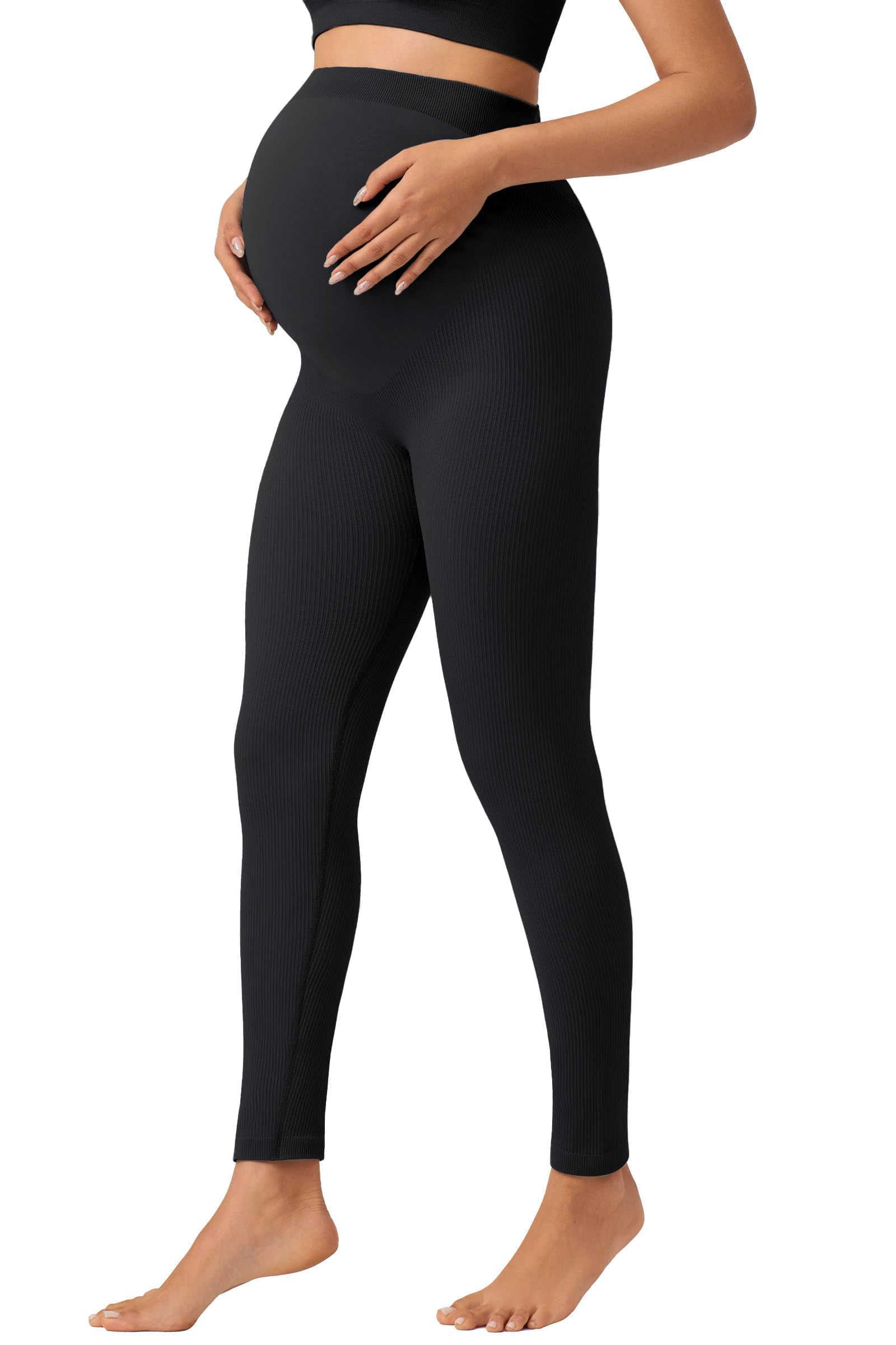 Angelhood High Waisted Maternity Ribbed Over The Belly Leggings for Women Seamle