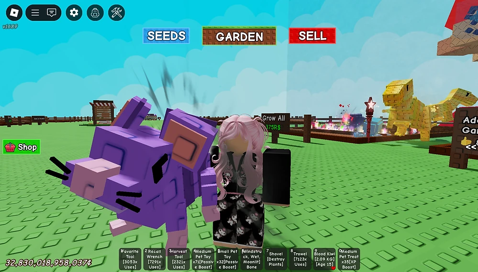 Grow a Garden Roblox girl holding a purple mouse