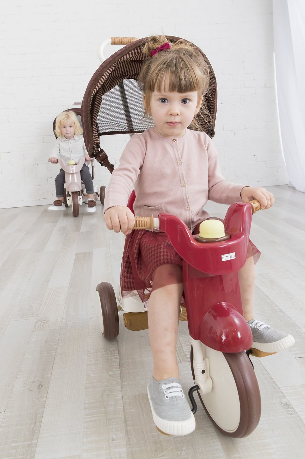 Thumbnail: Young girl riding a red tricycle with a matching canopy.