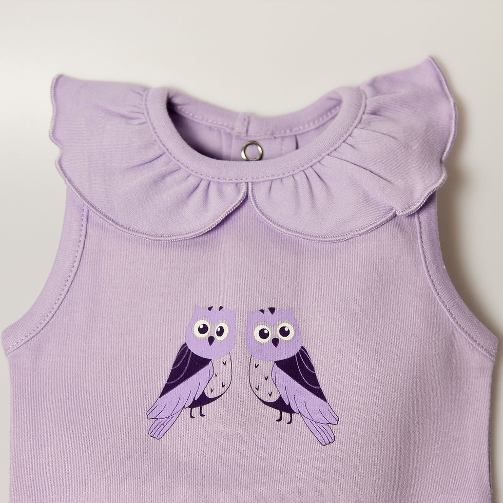Thumbnail: Lavender baby top with ruffled collar and owl print