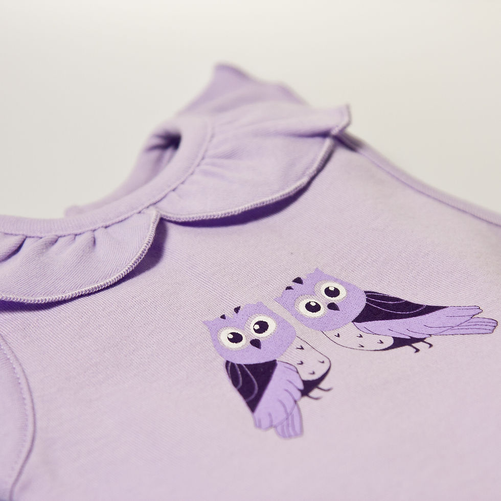 Thumbnail: Purple baby top with owl print and ruffled collar