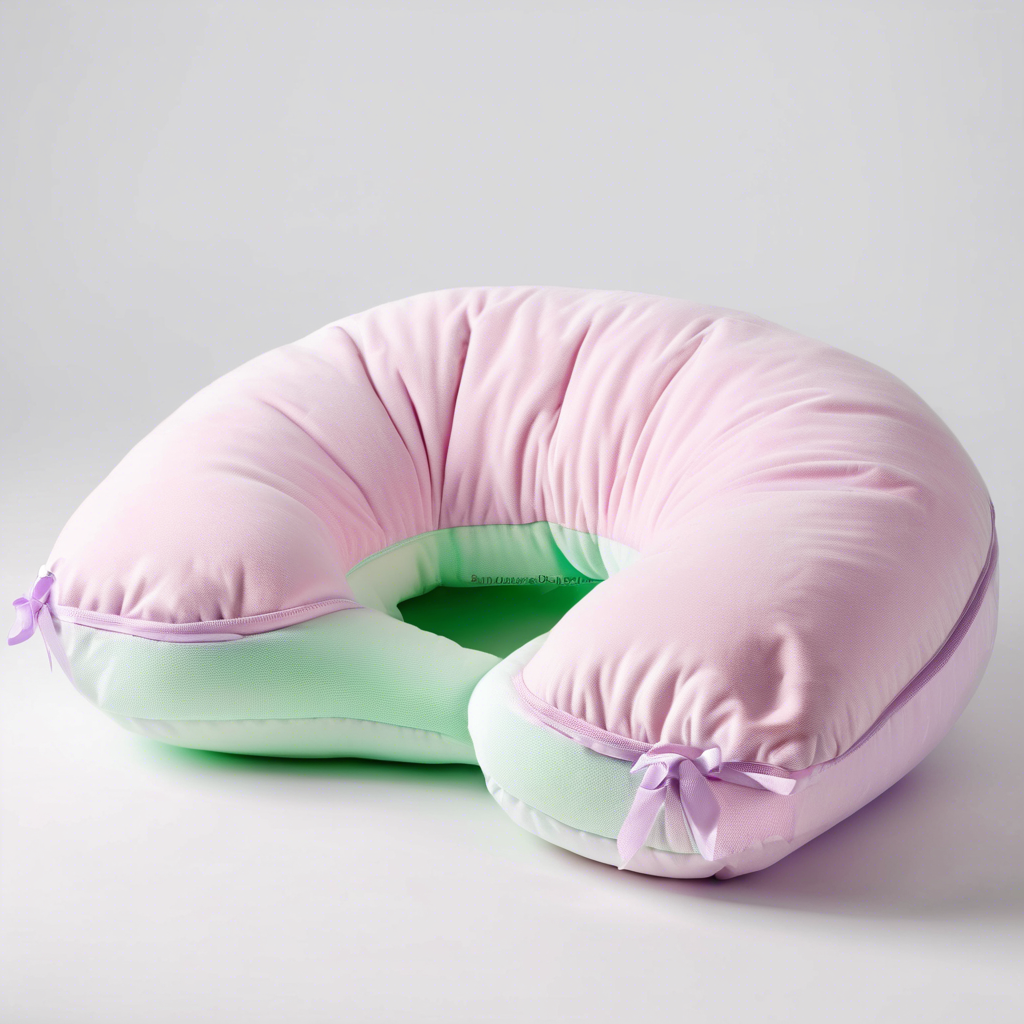 C-shaped pink and mint green nursing pillow with purple bows