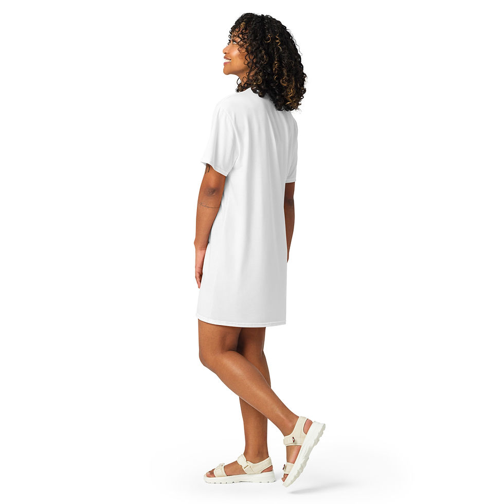 Thumbnail: Woman wearing a white t-shirt dress and sandals.
