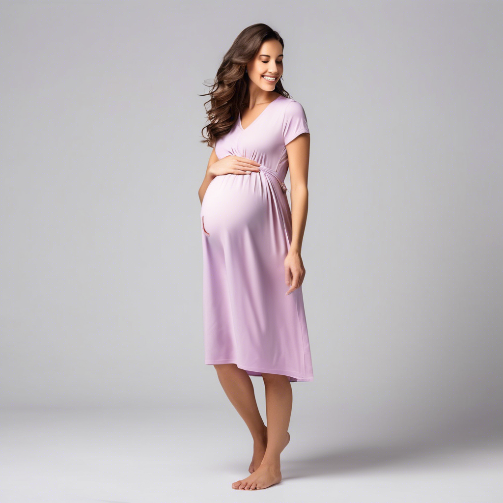 Pregnant woman wearing a lilac maternity nightgown