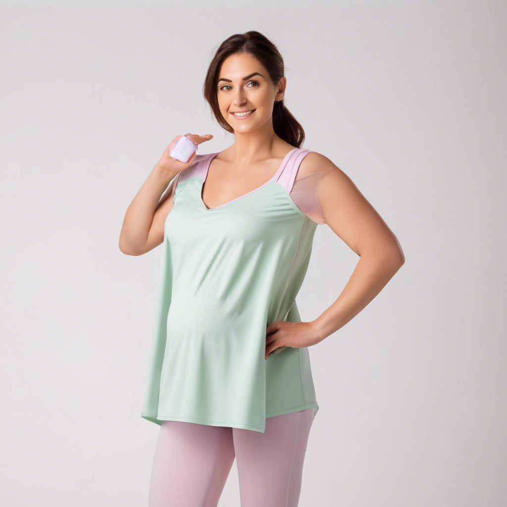 Smiling pregnant woman holding a white cream container.