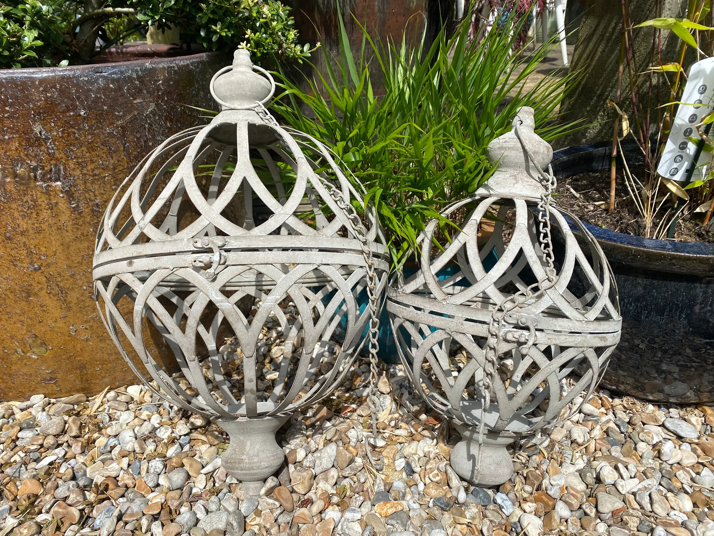 Set of 2 Grey Metal Hanging Garden Orbs