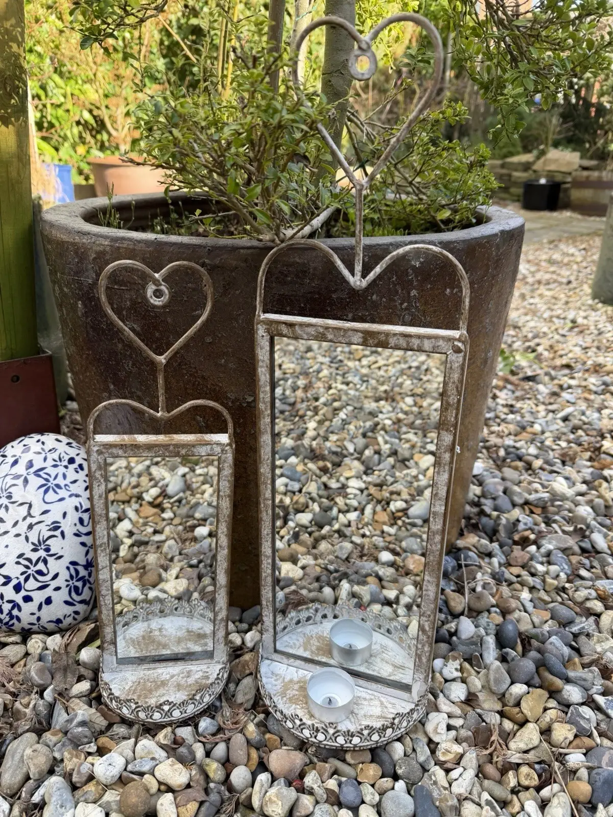 Set of 2 Heart Design Metal Garden Wall Mirrors