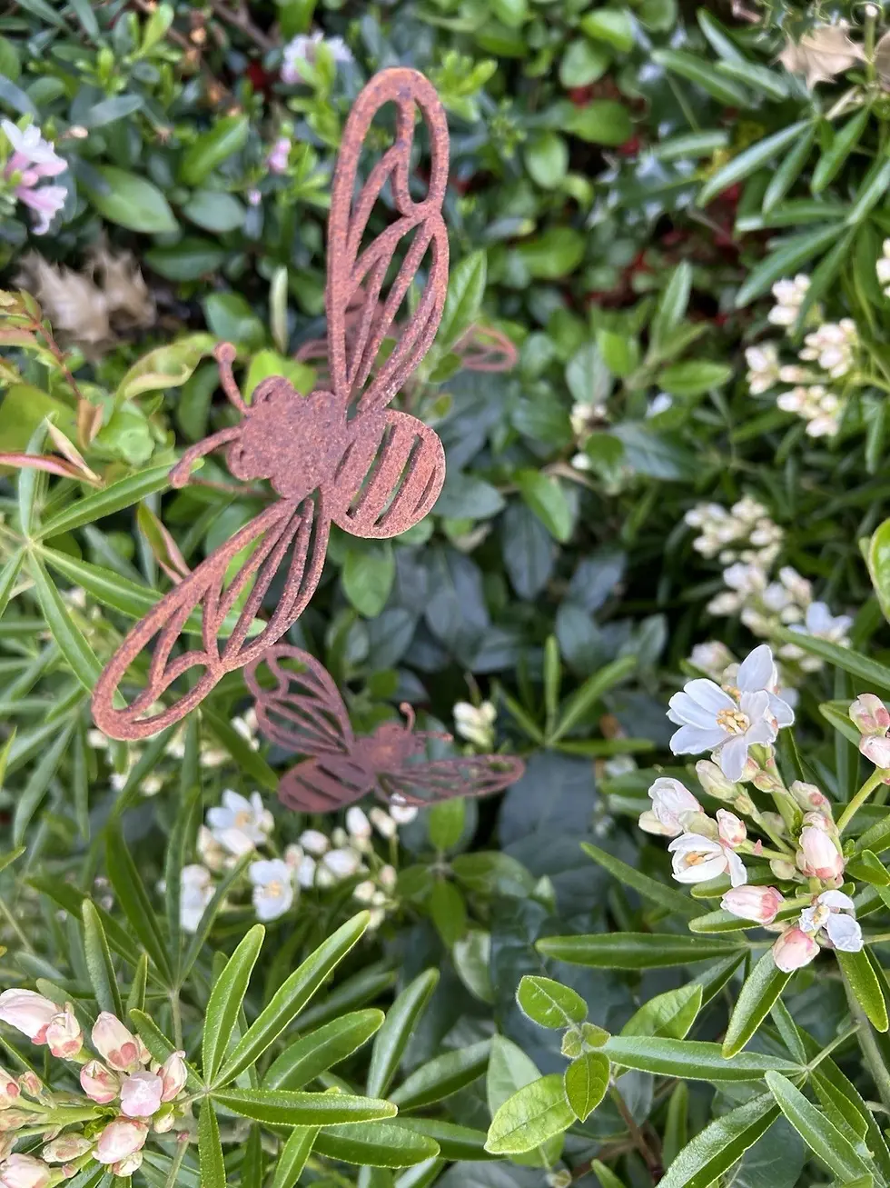 Thumbnail: Set of 3 Bee / Dragonfly Rusty Garden Stake