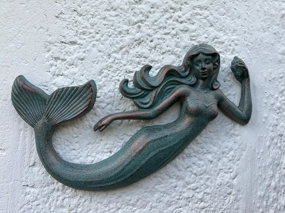 Thumbnail: Hanging Cast Iron Verdigris Mermaid Wall Ornament