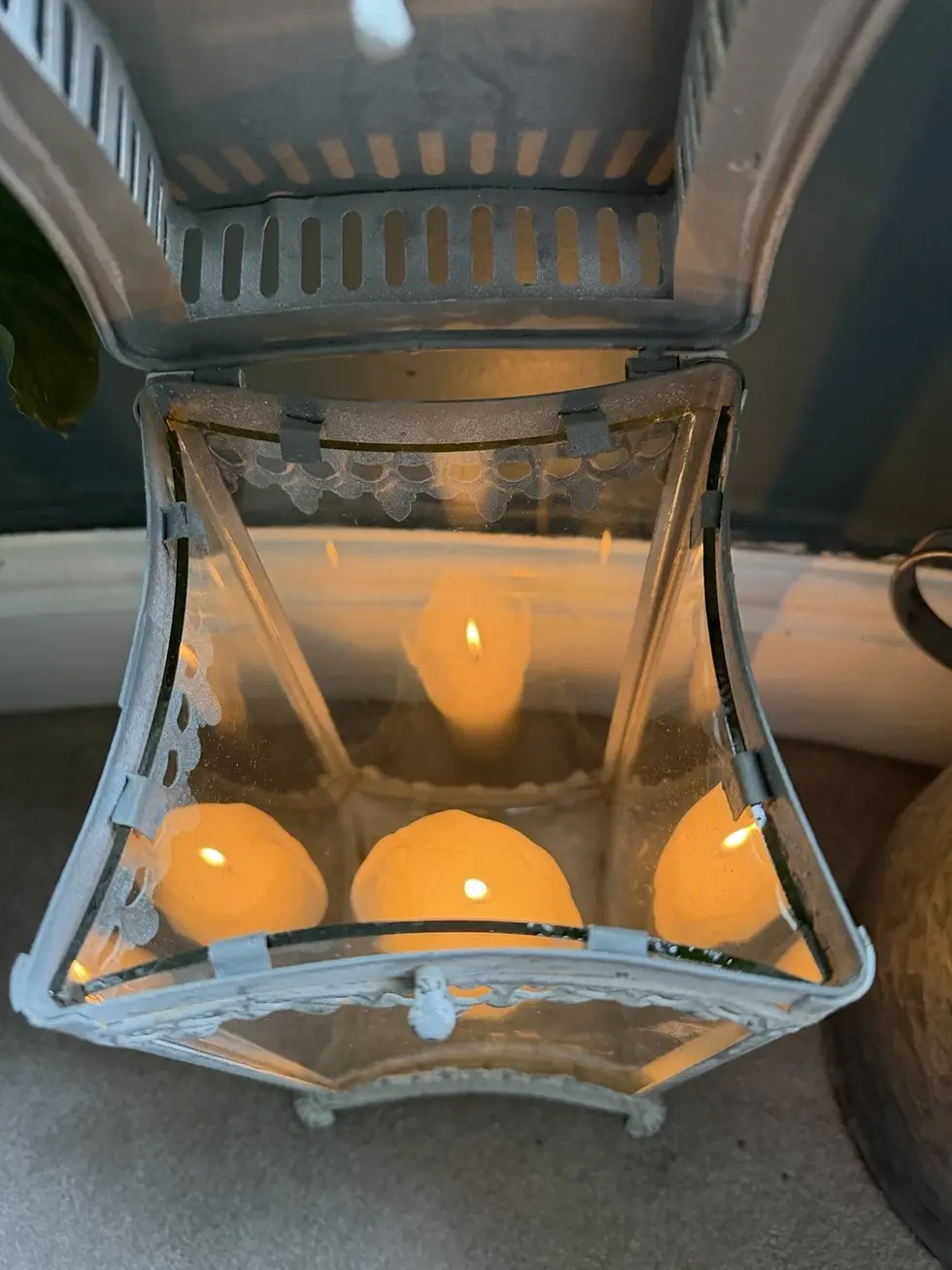 Thumbnail: Ornate Curved Glass Grey Metal Candle Lantern
