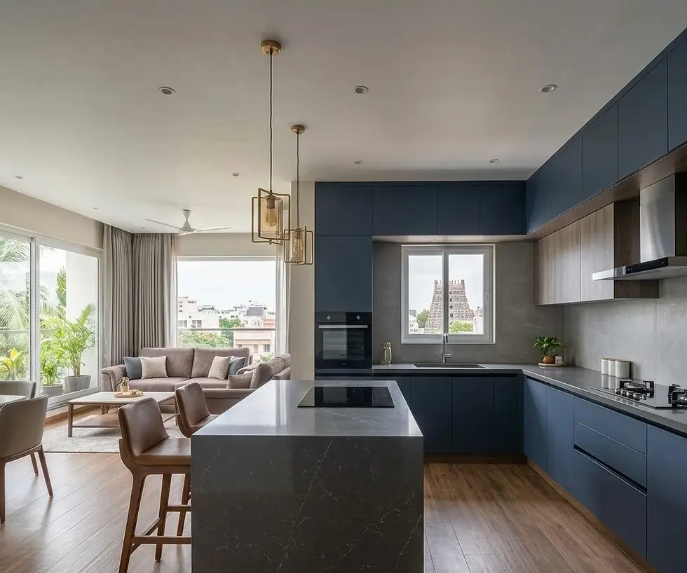 Open-concept modern luxury kitchen interior design in Coimbatore featuring a large island, quartz countertop, blue modular cabinets, and contemporary home interiors.