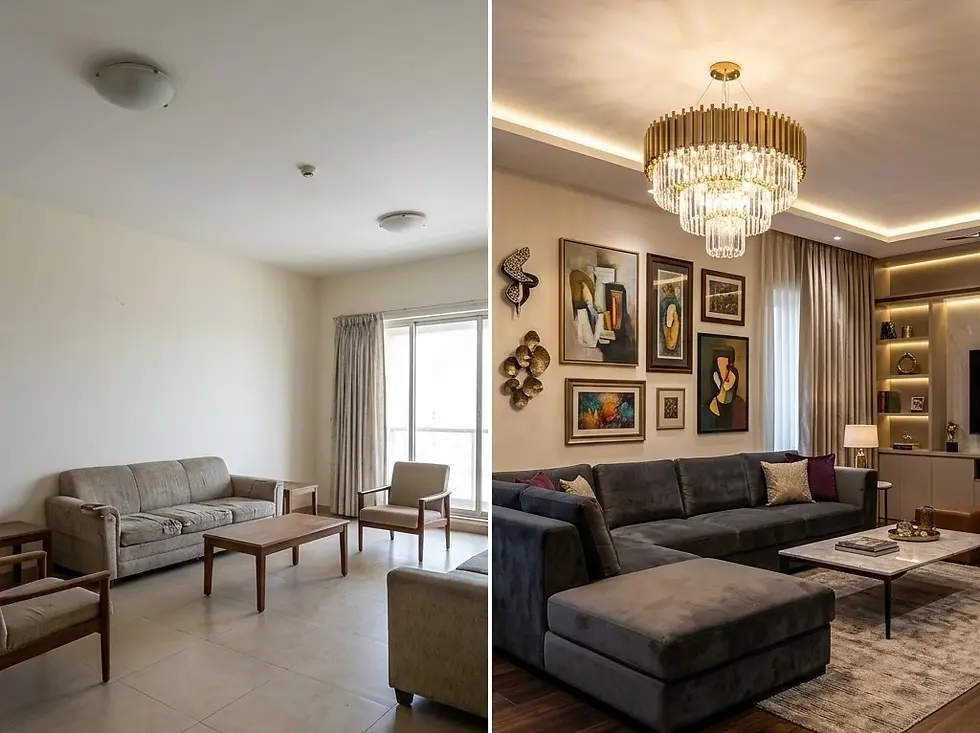 Luxury living room before and after with designer chandelier, custom TV wall, and premium interiors