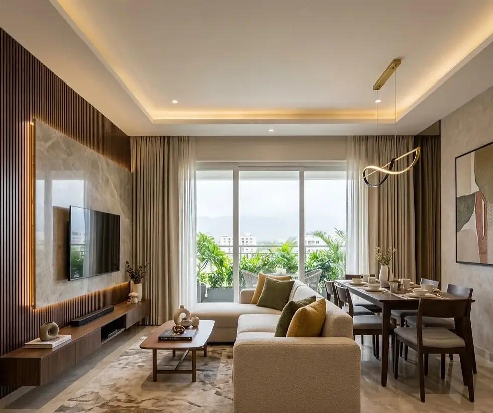 Modern 3BHK luxury apartment living room in Coimbatore with a fluted TV wall, ambient lighting, premium furniture, and an open dining area.