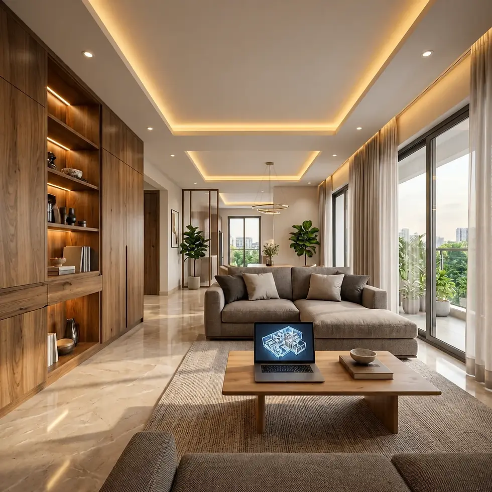 Modern living room interior with warm wooden cabinetry, a grey sectional sofa, recessed ceiling lighting, and large balcony windows.