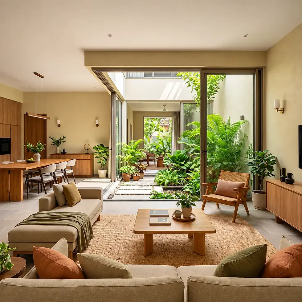Natural-material villa interior at Daintree by Mana featuring a living room, warm wood furniture and a lush green courtyard.