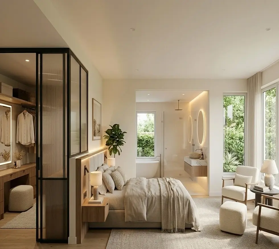 Luxury villa master bedroom interior design in Coimbatore with walk-in wardrobe, ensuite bathroom and modern decor