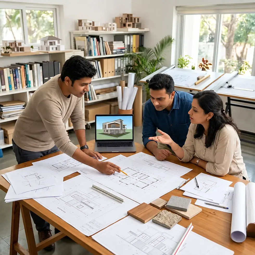 Residential architects in Bangalore discussing house floor plans and 3D home designs with clients during a design consultation.