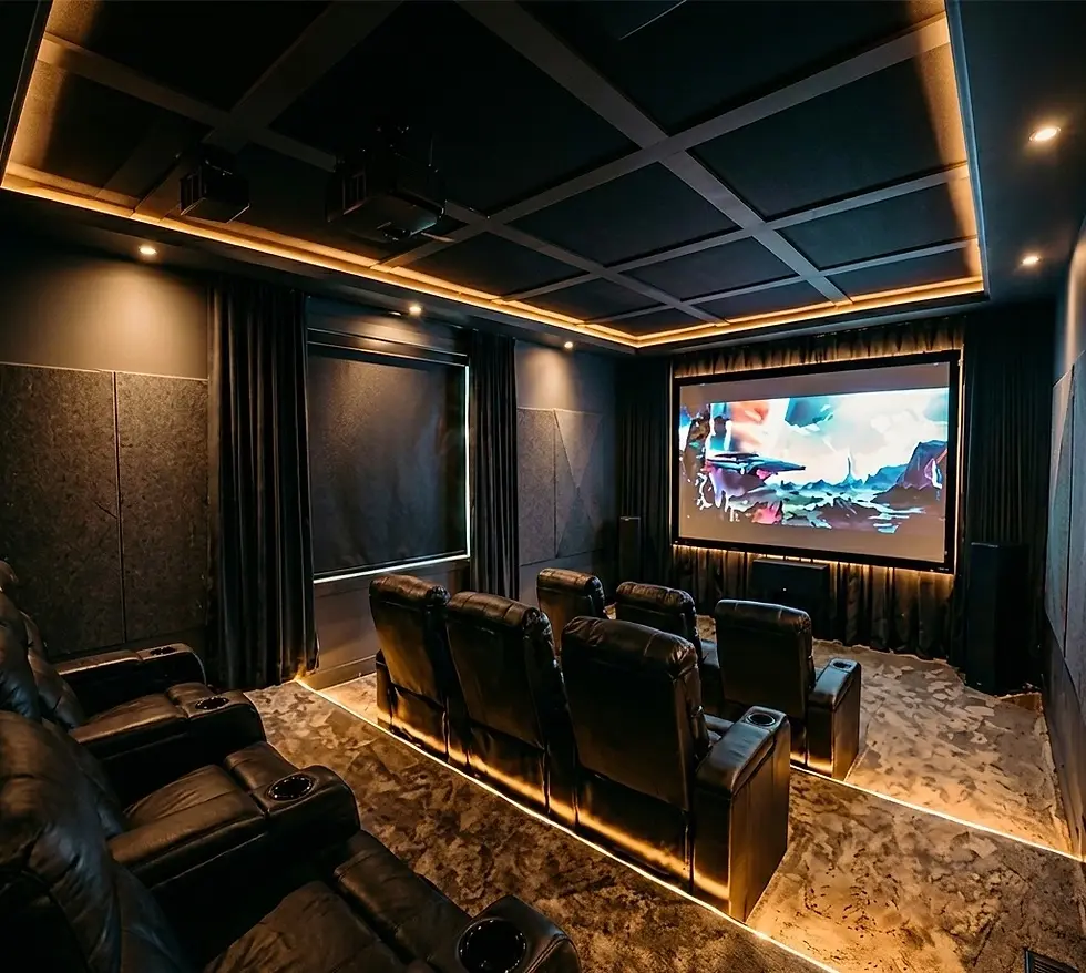 Luxury villa home theatre interior design in Coimbatore with recliner seating, acoustic panels and cinematic lighting