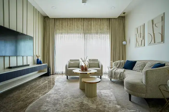 Luxury living room after apartment renovation with contemporary interior design in Bangalore