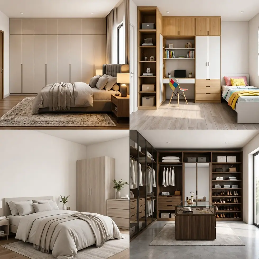 Bedroom and wardrobe design ideas for a 3BHK luxury apartment in Coimbatore, including a master bedroom, kids' room, guest bedroom, and walk-in wardrobe.