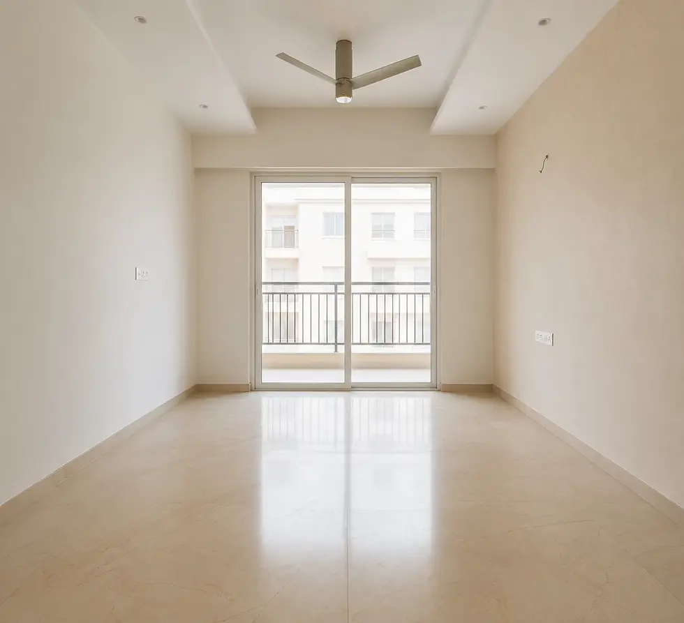 Before and after apartment renovation showing empty living room before interior work in Bangalore