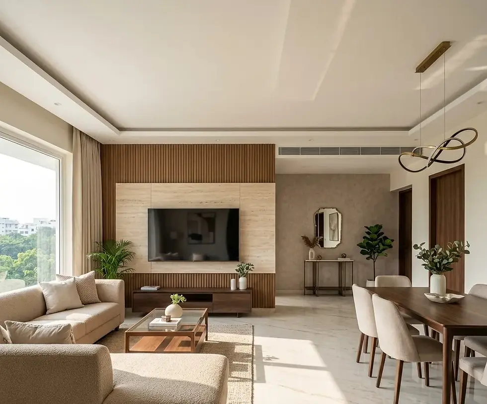 Modern living and dining room showcasing 3BHK luxury apartment interior design ideas in Coimbatore with a fluted TV unit, warm lighting, and open layout.