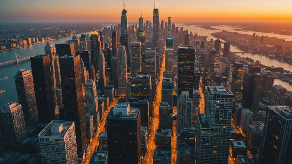 High angle view of a vibrant city skyline during sunset