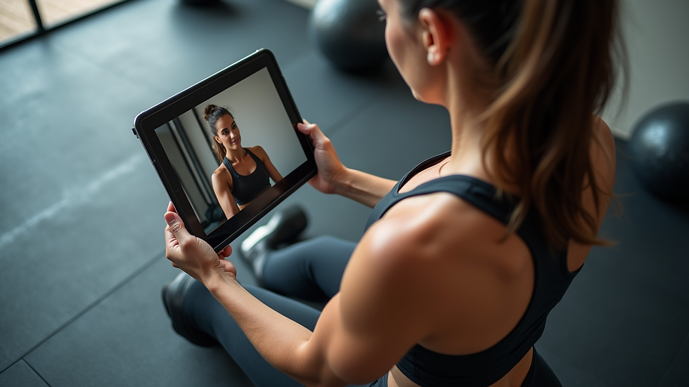 High angle view of a woman following a strength training workout video on a tablet