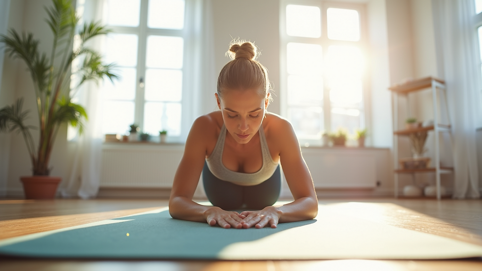 Eye-level view of a woman stretching on a yoga mat in a bright studio