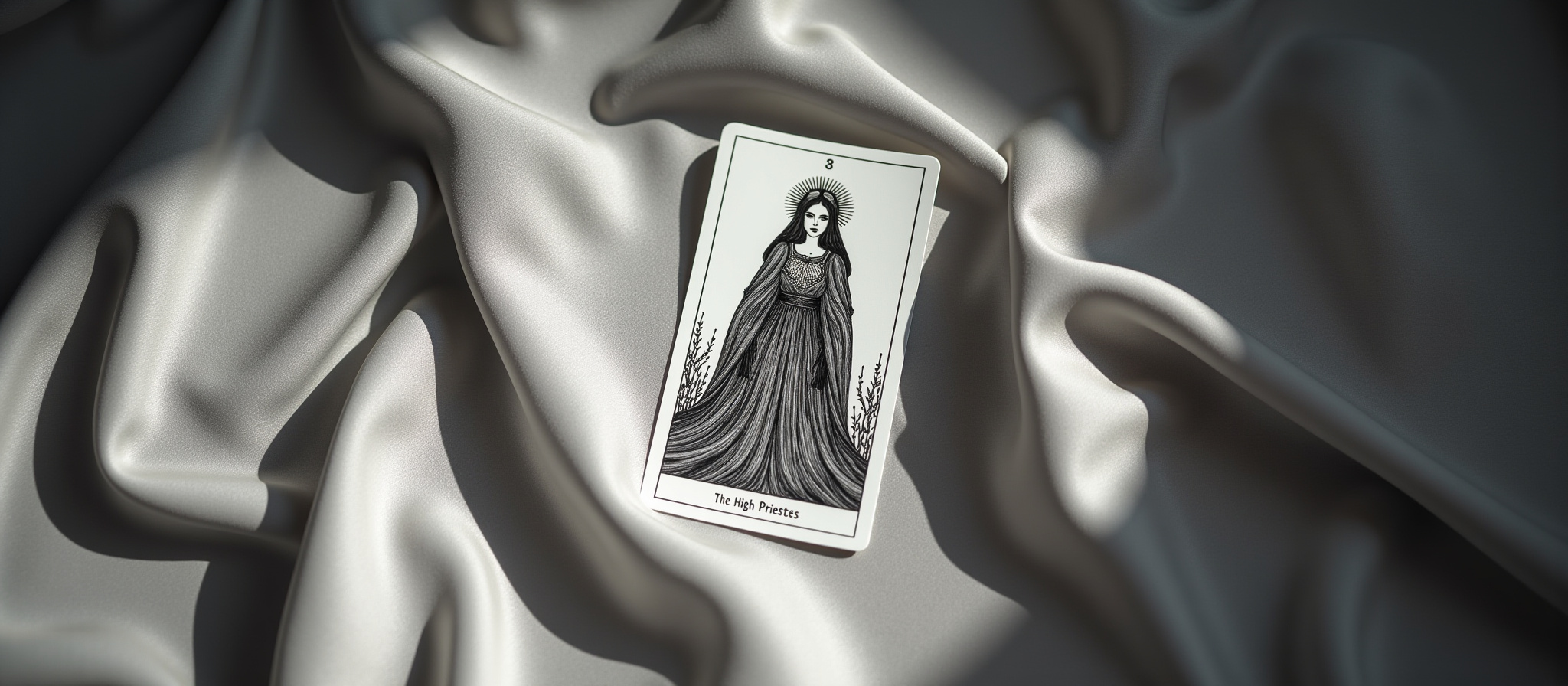 Carta de tarot La Suma Sacerdotisa sobre tela satinada gris