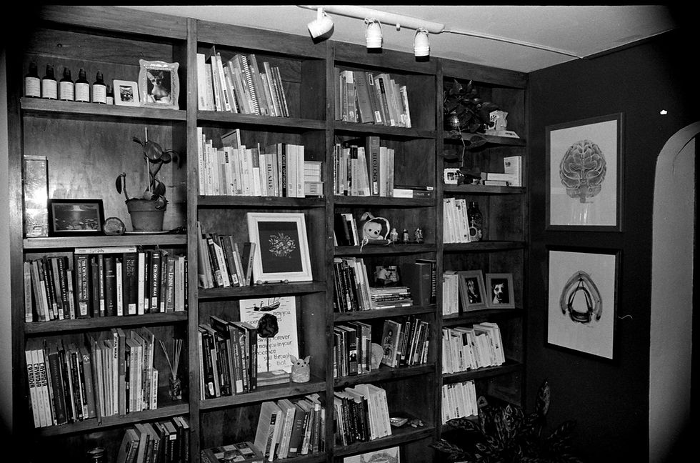 Black and white photo of a busy bookshelf. Books, art, plants, and other objects crowd several tall shelves.