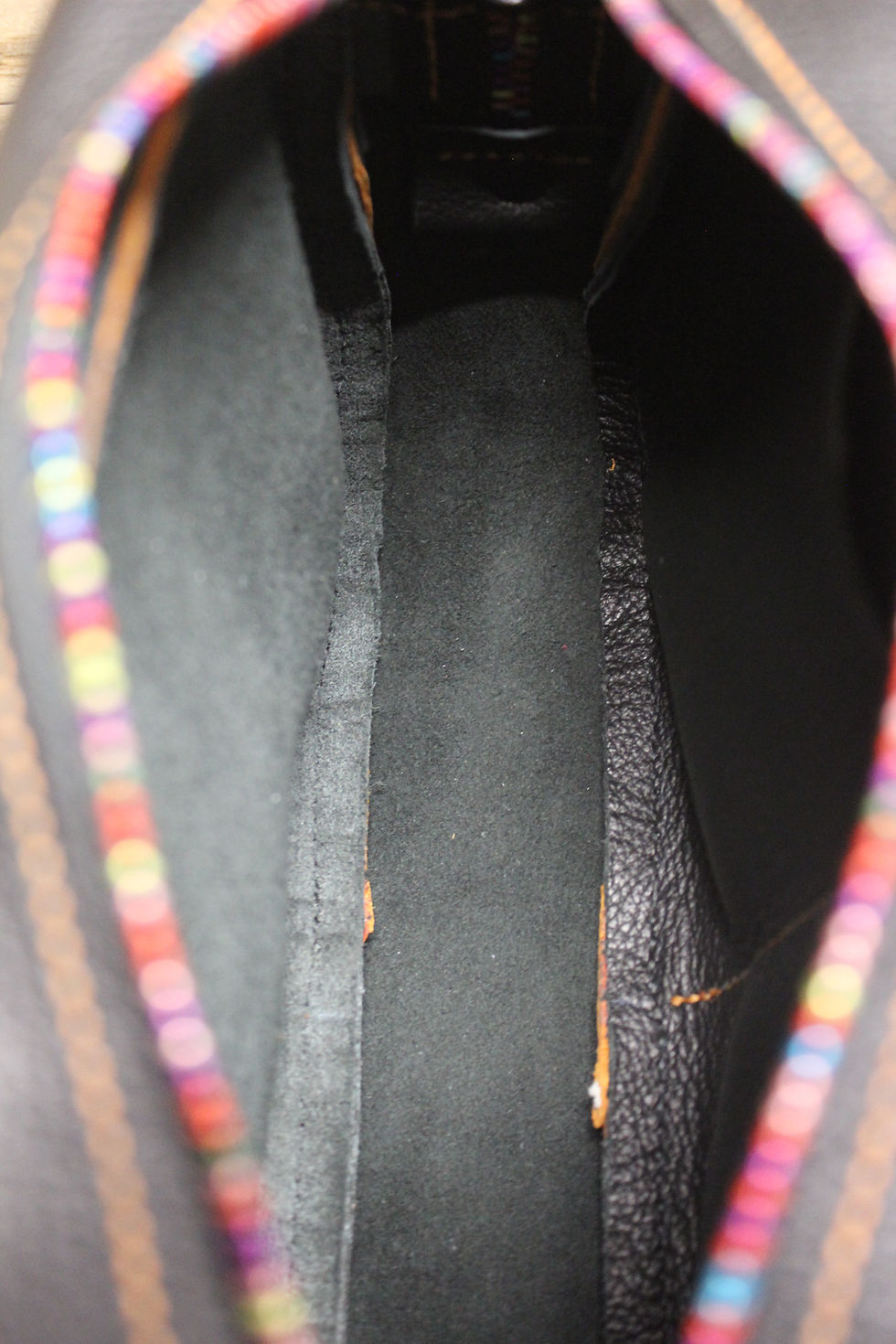 Thumbnail: Hand stitched pebbled black and orange leather zip top camera bag
