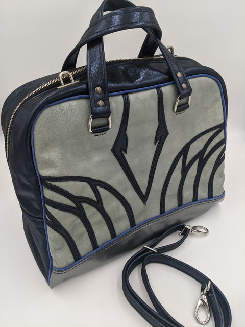Custom, handcrafted blue and silver leather bowler, shoulder bag. 