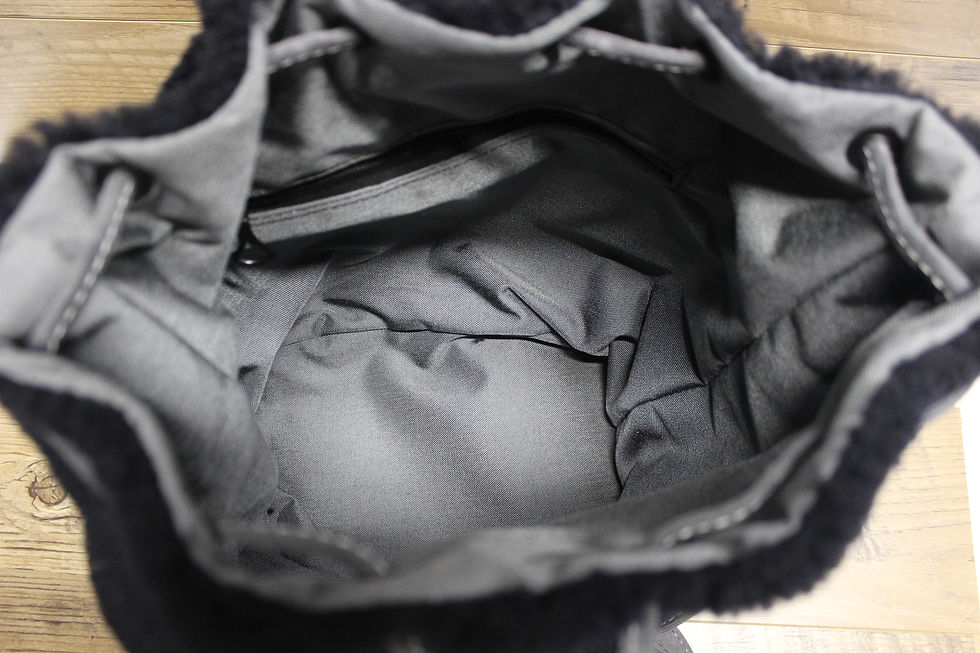 Thumbnail: Handmade navy shearling and suede drawstring shoulder bucket bag