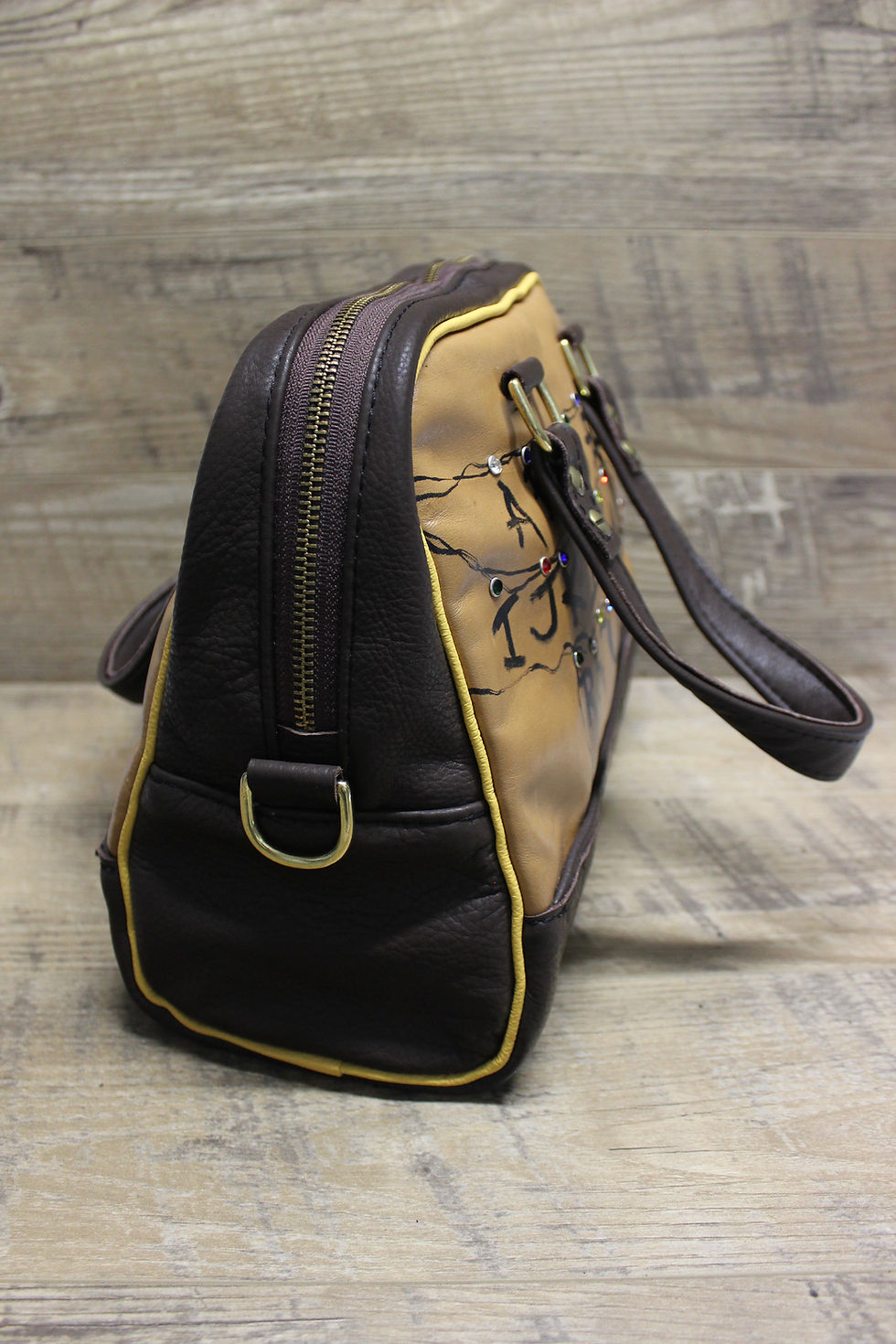 Thumbnail: Stranger Things inspired hand painted hand made leather bowler bag side view