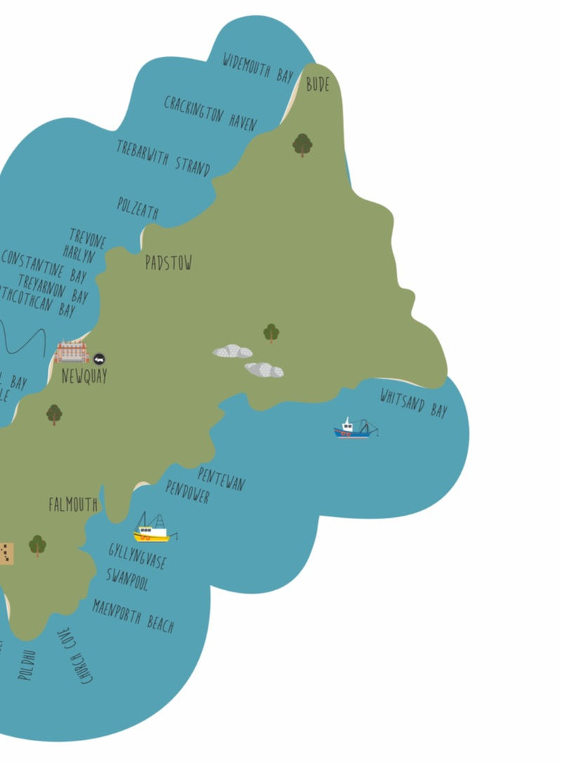 Thumbnail: Cornwall Surf Map Print, Newquay , Fistral Bay, Surfing Breaks