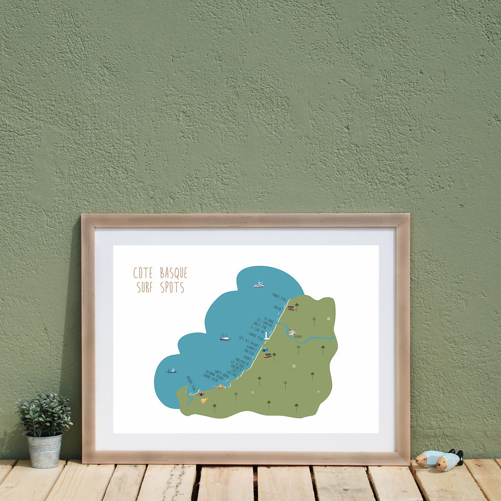Cote Basque France surf map prints, Sables d'or, barritz, Bidart, Hendaye