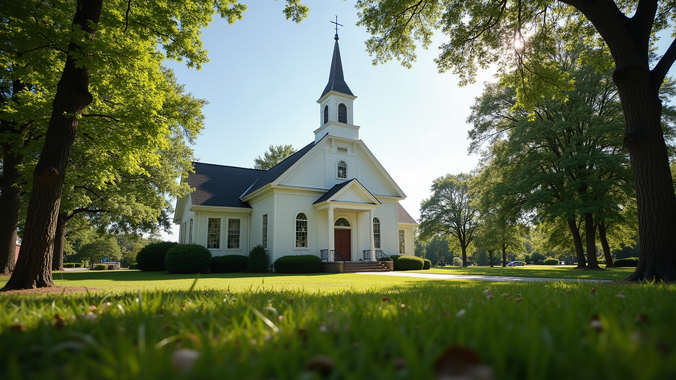 Eye-level view of the First Baptist Church building surrounded by greenery