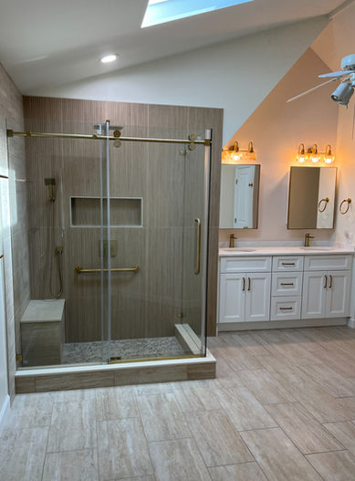 Porcelain wood-slat tile and vanity