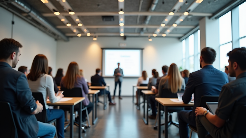 Eye-level view of a modern classroom with people attending a workshop