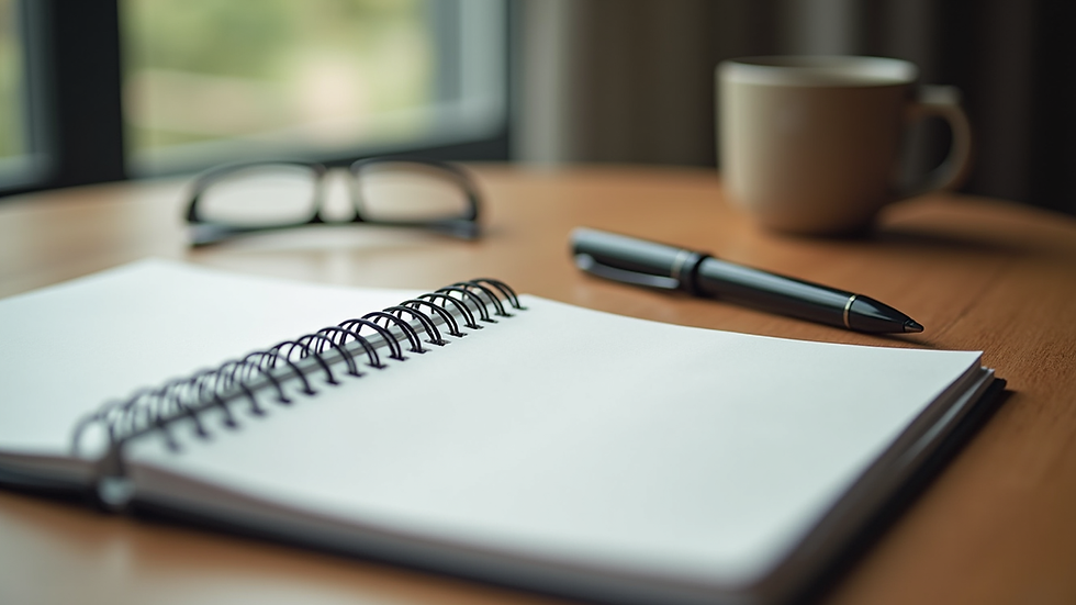 Eye-level view of a planner and pen on a wooden desk