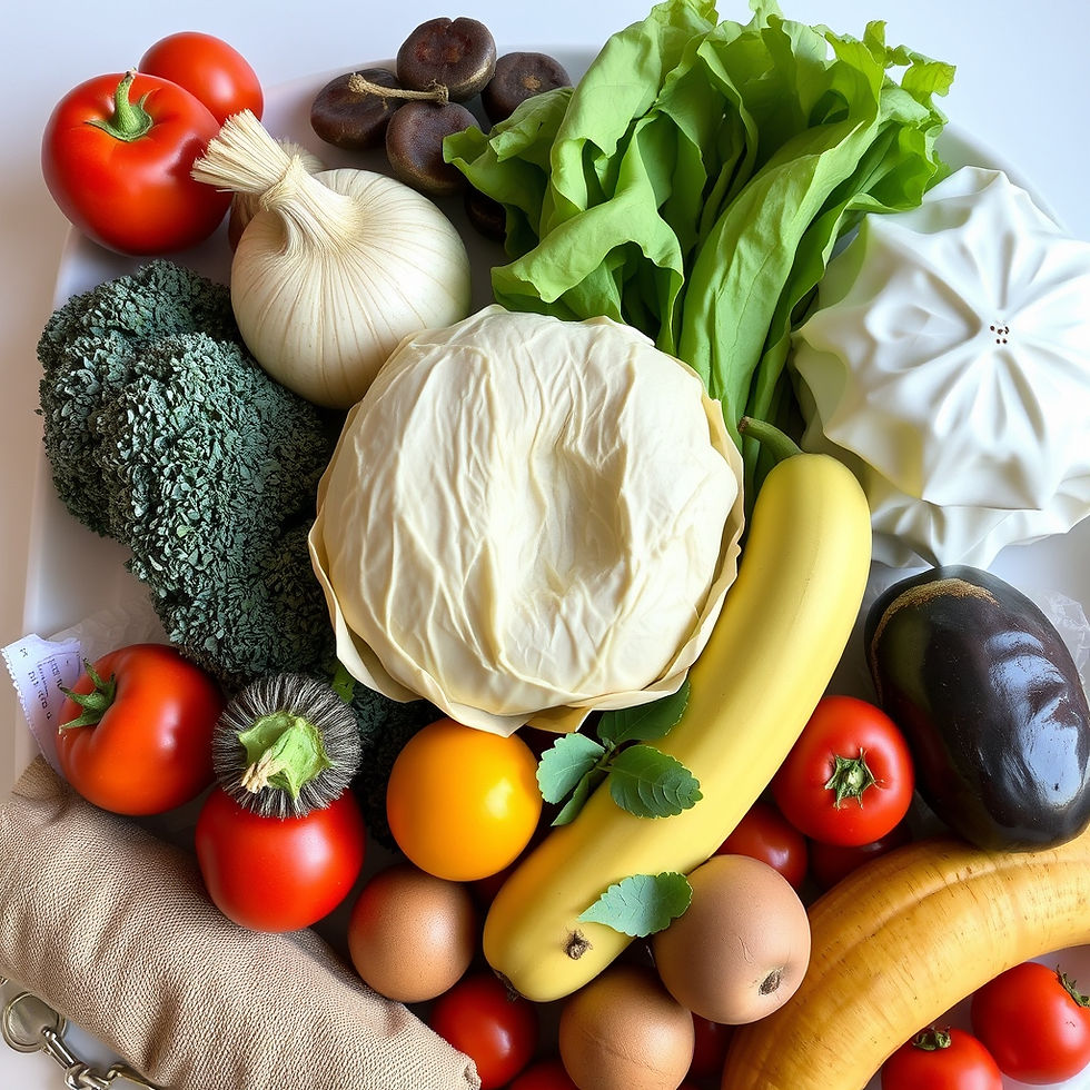 Best foods to lose Belly fat - a colorful assortment of vegetables and fruits, including cabbage, tomatoes, bananas, lettuce, garlic, and mushrooms, on a white plate.