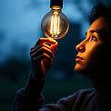 WEALTH 5 Steps from Idea to Shelf A person holds a glowing light bulb against a dusky blue background, looking at it intently. Warm light contrasts with the cool night scene.