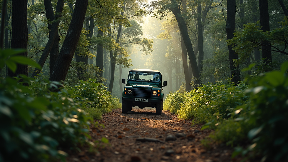 Eye-level view of jeep safari vehicle in dense forest