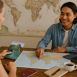 Happy couple planning travel itinerary with agent